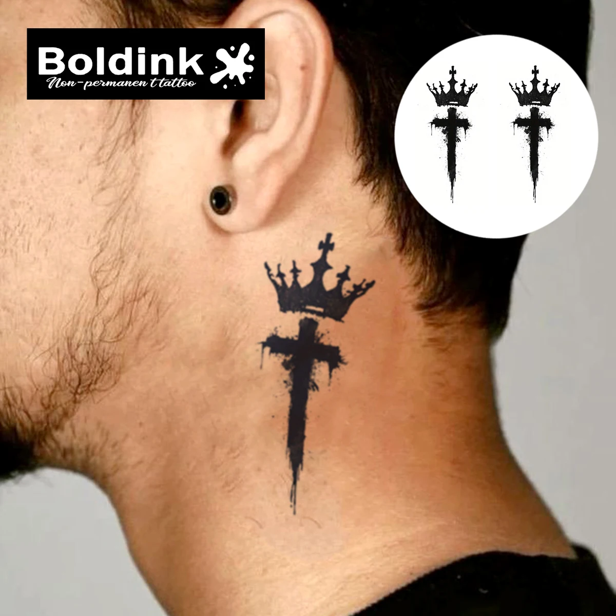 Boldink Crowned Cross Temporary Tattoo,Lasts To 15 Days New Technology Magic Waterproof Semi Permanent Sticker.