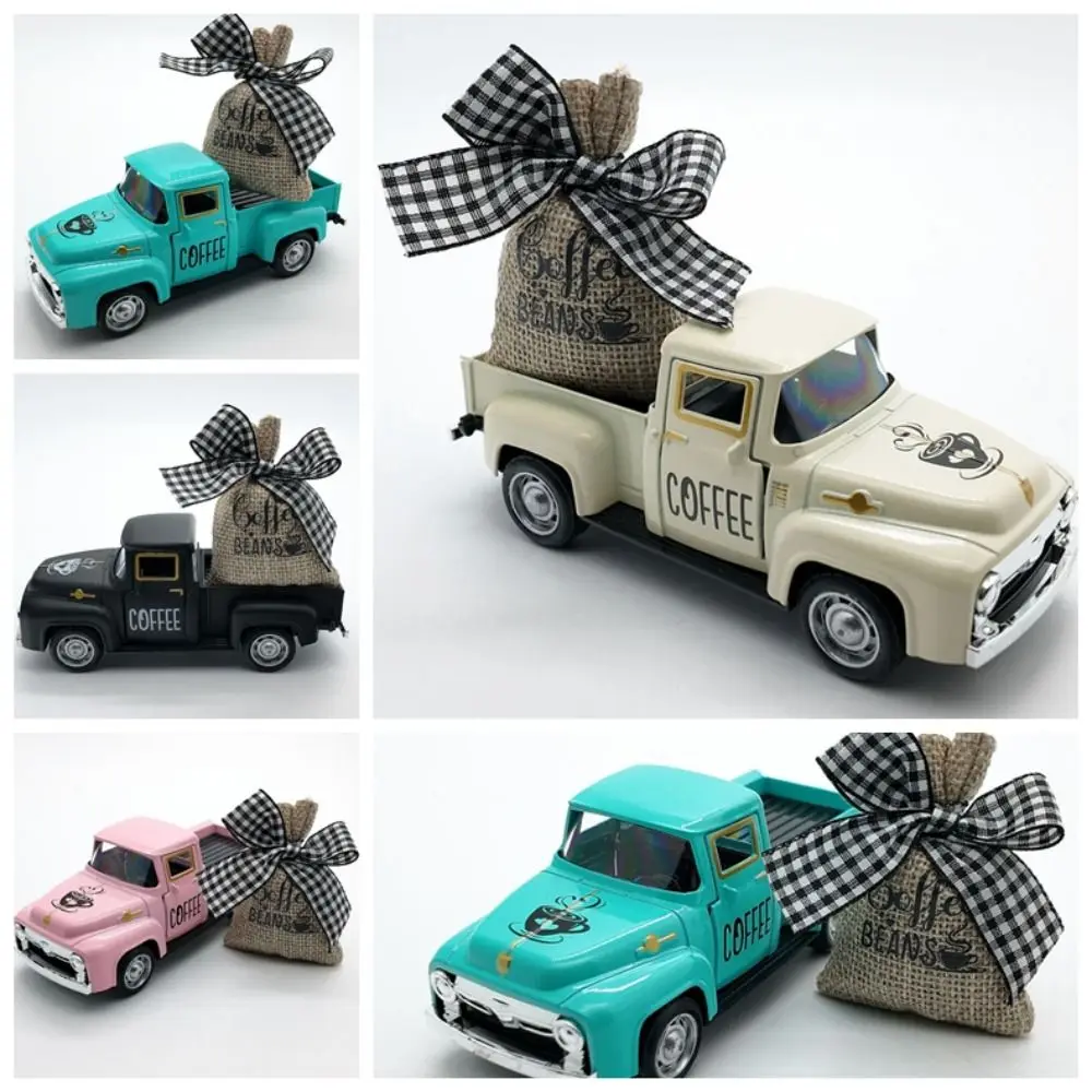 

Diecast Coffee Truck Pickup Burlap Sack Retro Classic Metal Truck Model Vintage Simulation Mini Coffee Truck Coffee Station