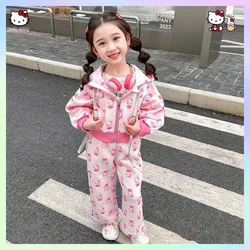 2Pcs Children's Set Sanrio Hello Kitty Aesthetic Girl Korean Fashion Zipper Hoodie Wide Leg Pants Y2K Tops Trousers Matching