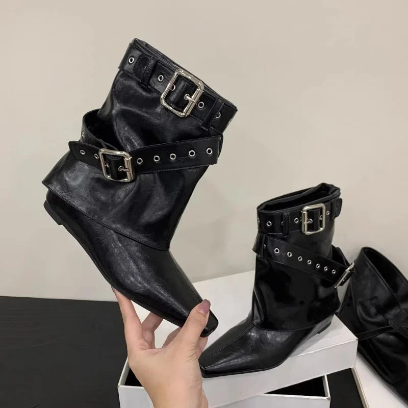 Belt Buckle Sleeve Low Heel Boots 2025 Fashion Pointed Toe Rivet Soft Sole Anti-Slip Wear-Resistant Booties
