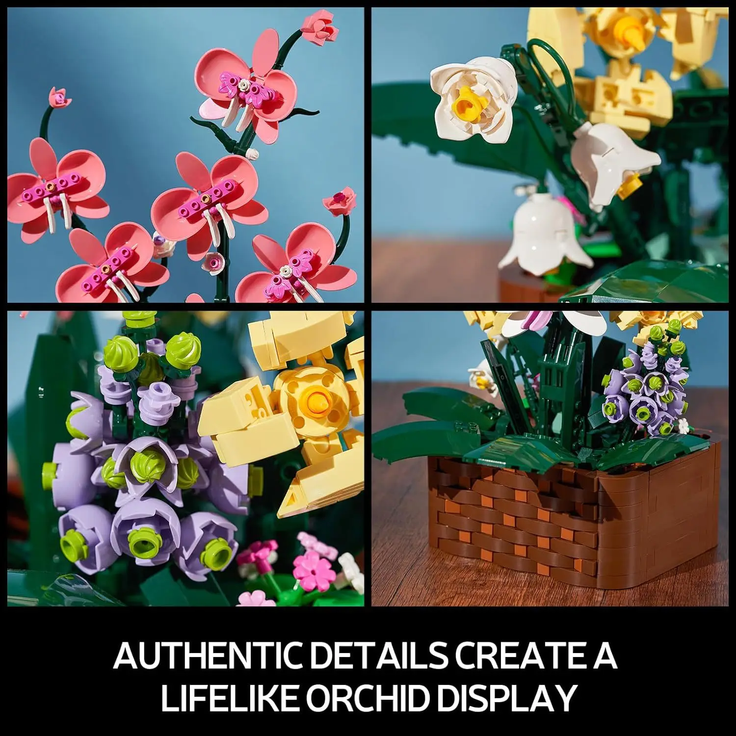 Bloques de construcción de flores de orquídeas, juego de macetero de orquídeas DIY, decoración de escritorio educativa para diversión creativa de niñas