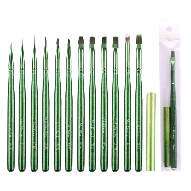 1/12 piezas pinceles para arte de uñas con mango de madera verde, delineador, pincel de flores, borde, herramientas para gel UV 6