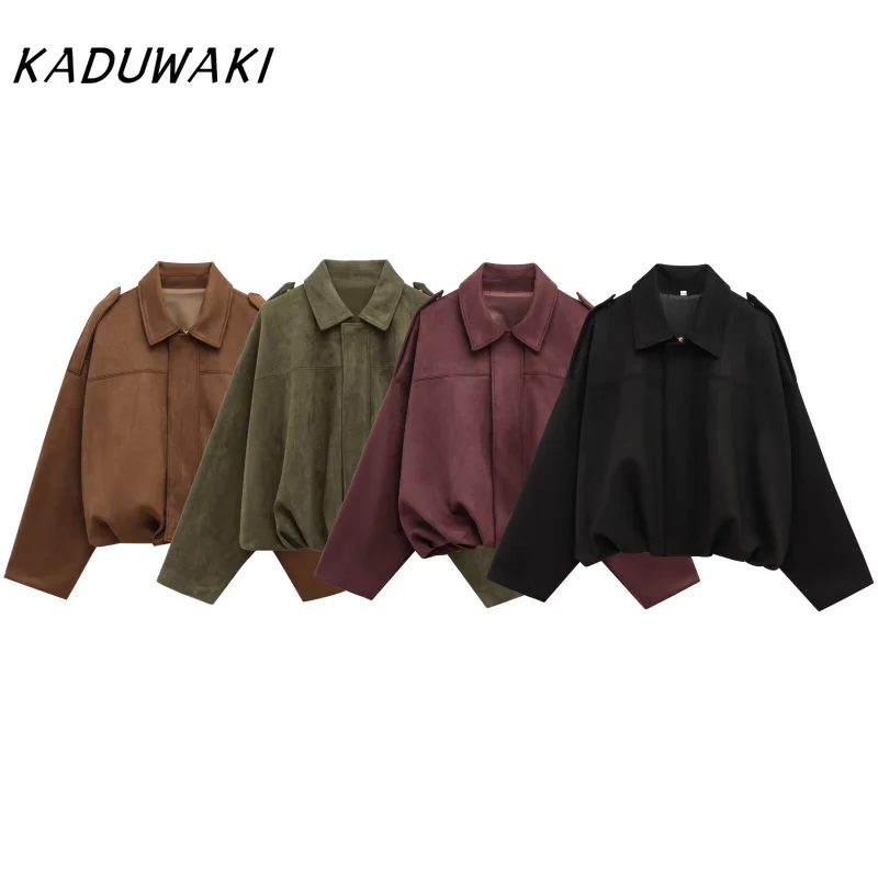 

KADUWAKI Vintage Suede Zipper Coat Women Casual Oversized Lapel Green Long Sleeve Bomber Coats Spring Street Chic Outerwear Tops
