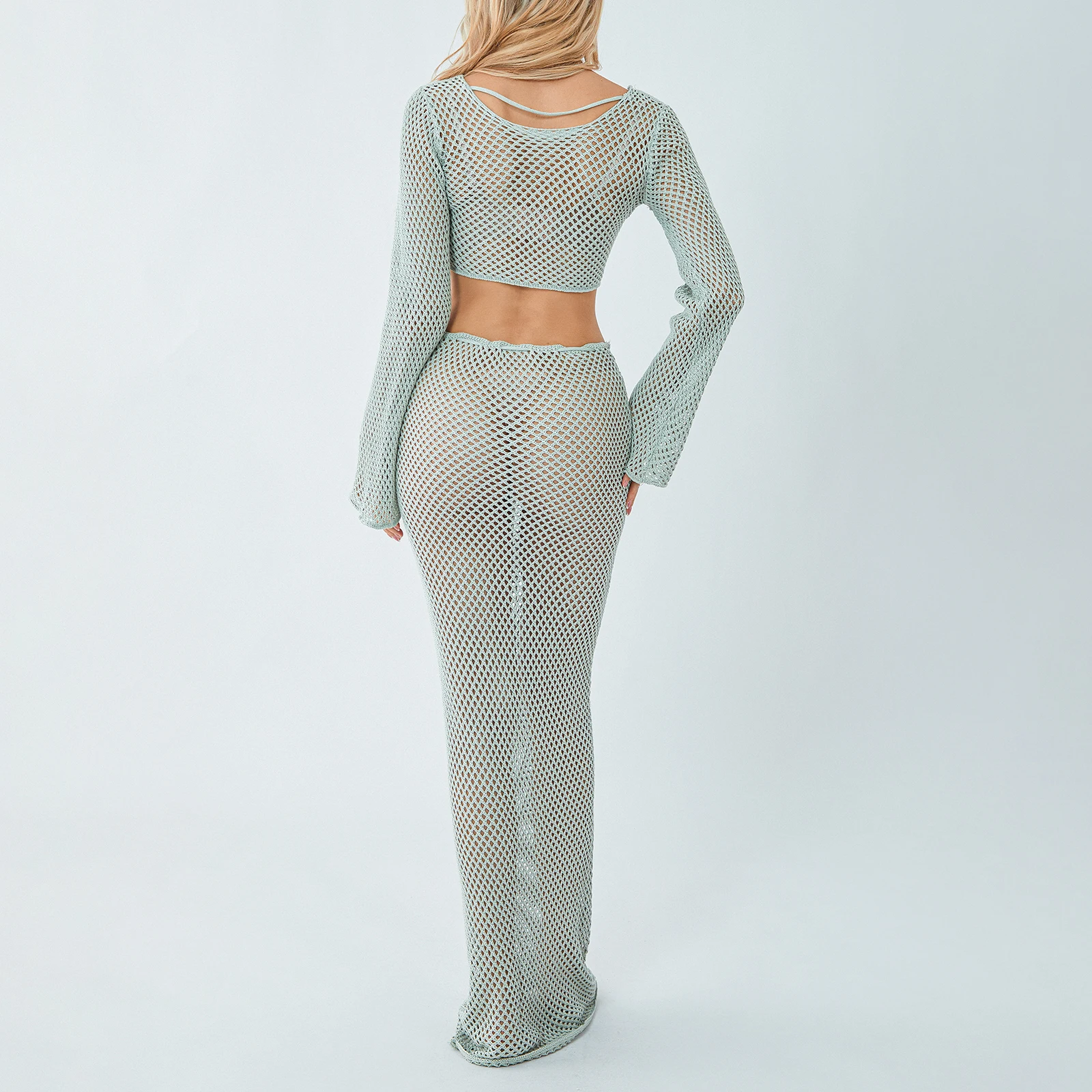 Conjunto de tops cortos de punto con hombros descubiertos y falda larga para mujer, traje de baño de ganchillo de 2 piezas, ropa de playa para cubrir verano