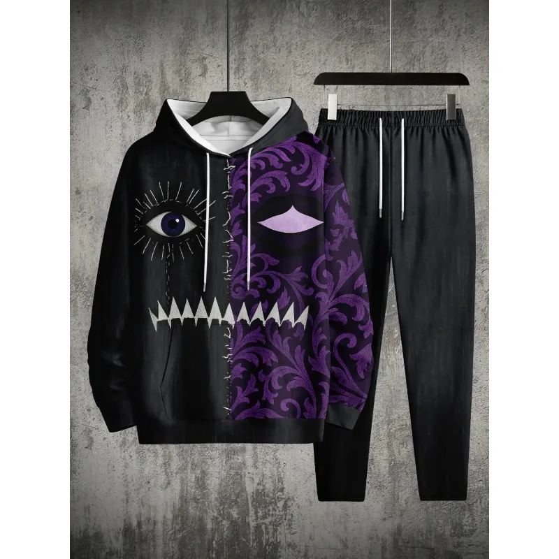 2025 ثلاثية الأبعاد مطبوعة الرجال الكتف نمط مقنعين البلوز بلوزات وسراويل قطعتين مجموعة الربيع والخريف مجموعة رياضية غير رسمية