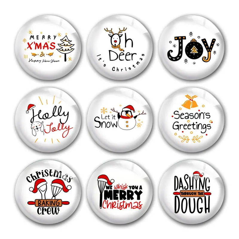 Merry Christmas Xmas Deer Baking Snow Jolly Round Photo Glass Cabochon Demo Flat Back DIY Jewelry Making Supplies Snap Button