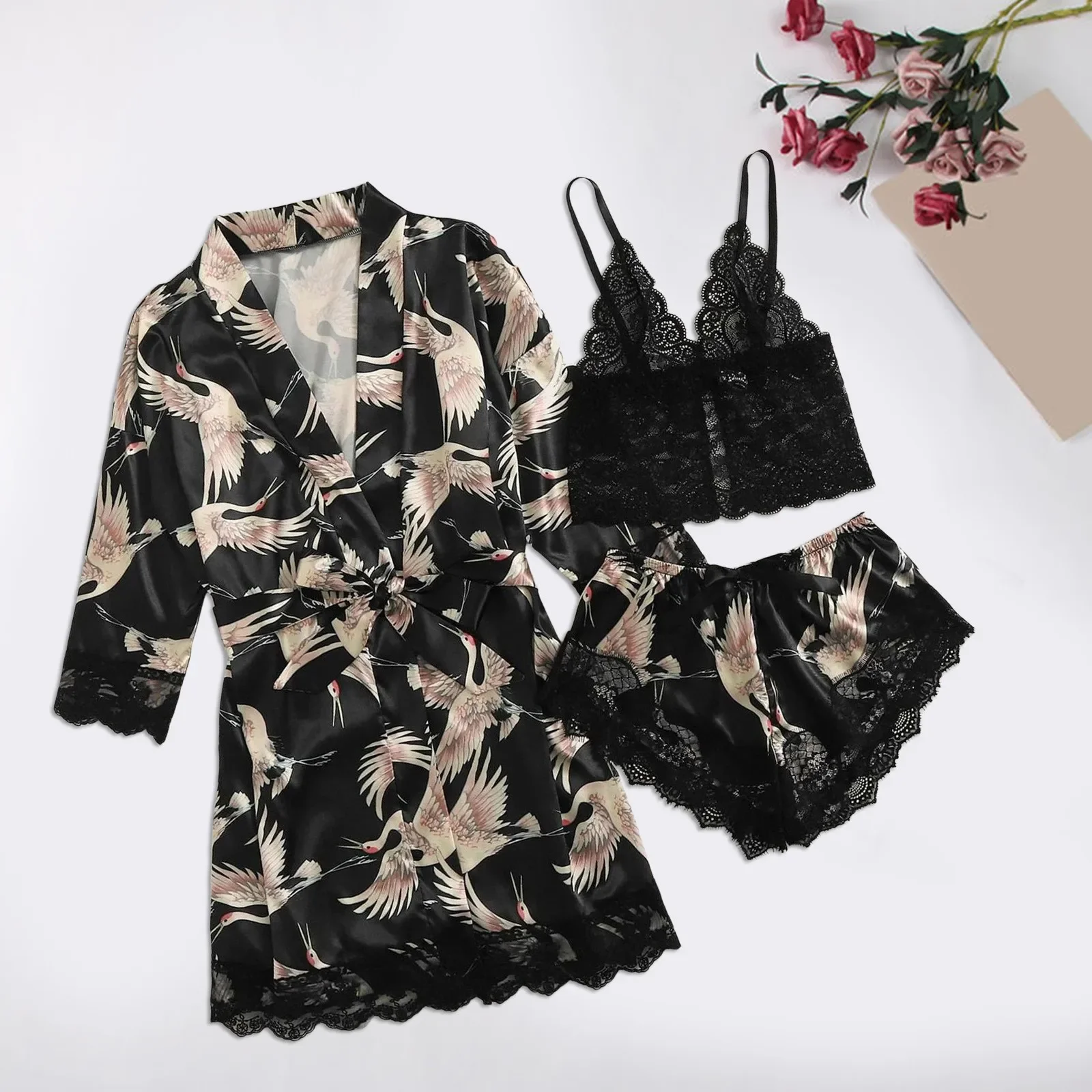 

3pcs/set Women Robe Pajamas Bride Bridesmaid Robe Gown Pijama Satin Silk Kimono Bathrobe Night Dress Nightgown Sleepwear