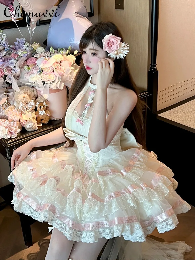 Original Ballet Style Sweet Girl Satin Ribbon Halter Dress Sexy Women Sleeveless High Waist Elegant Party Lolita Princess Dress