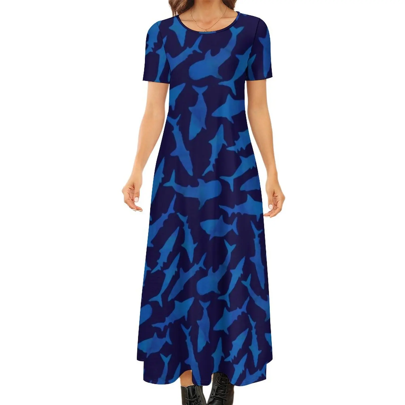Blue Shark Art Print Dress Seamless Sharks Korean Fashion Bohemia Long Dresses Female Kawaii Maxi Dress Birthday Gift