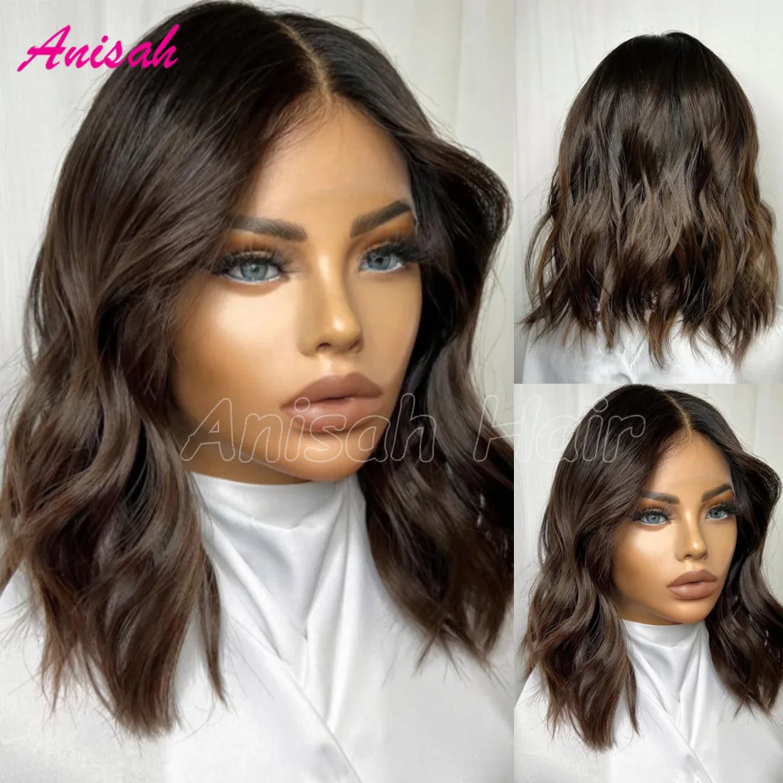 

Бразильские девственные волосы Ombre Темно-коричневые волнистые короткие боб с кружевной застежкой Парики из человеческих волос Бесклеевой 13x4 Кружевной фронтальный парик