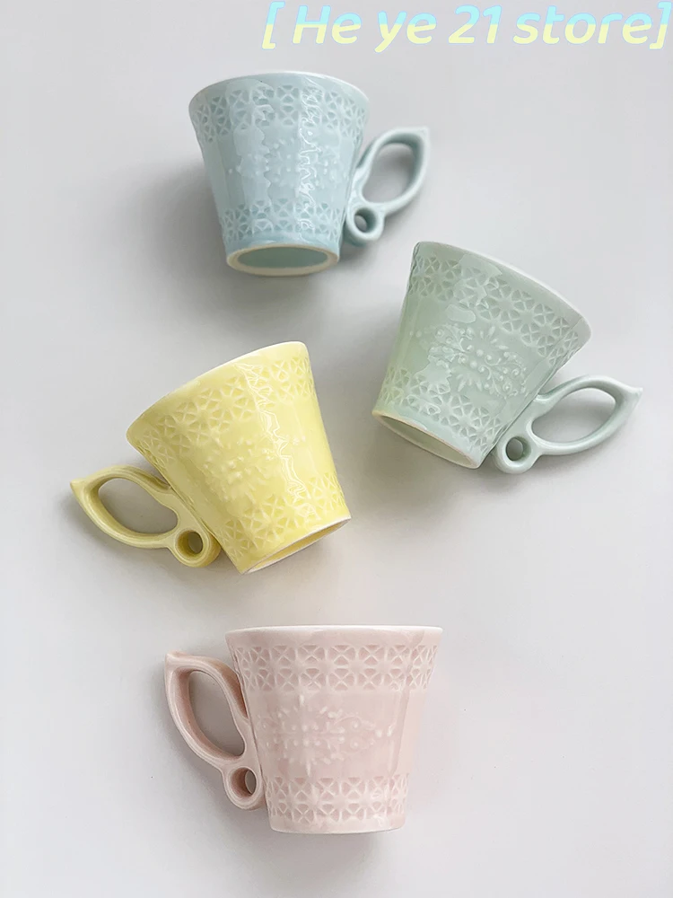 200ML/Macaron Relief Butterfly Cup, Ceramic Coffee Cup, French Ins Ceramic Retro Italian Espresso Straw Toppers for Tumblers