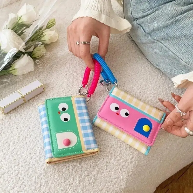 Fashion Cartoon Short Wallet Leather Dopamine Color Card Holder Spring Rope Ultra-thin Coin Pocket Women