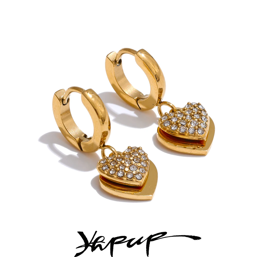 Yhpup brillant acier inoxydable Double coeur cubique Zircon boucles d'oreilles pour les femmes Anti allergique de haute qualité quotidien bijoux cadeau