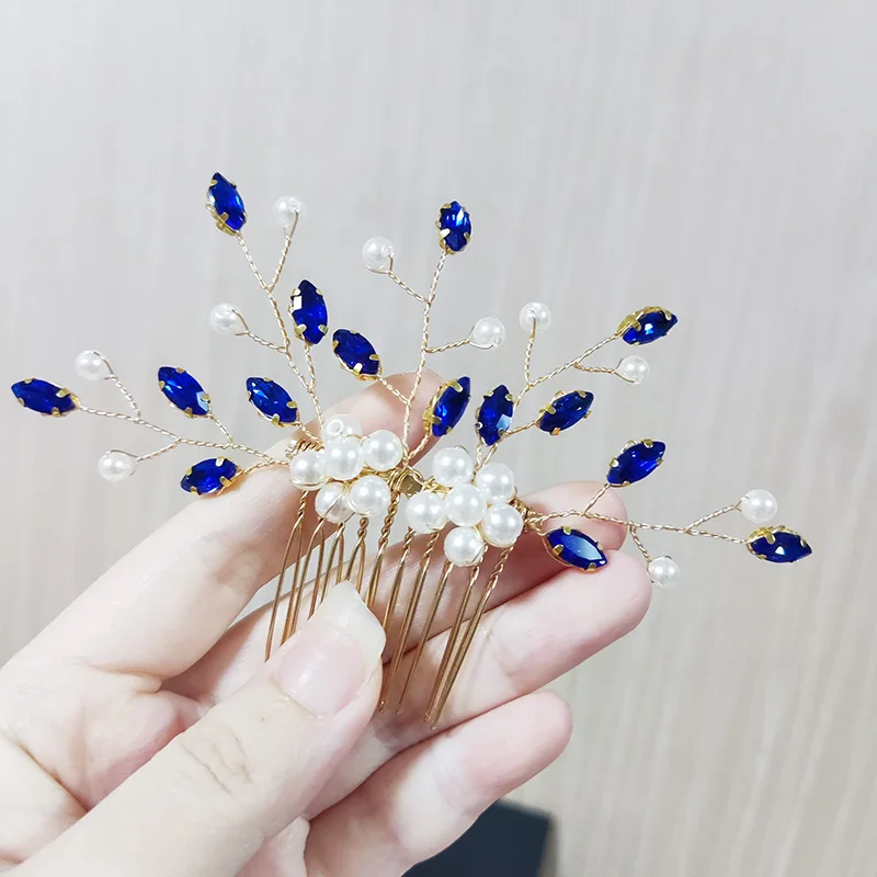Sparkly Blue Color Crystal Pearl Wedding Hairpins Rhinestone Bridal Hair Pin For Women Girls Handmade Headband Hair Jewelry