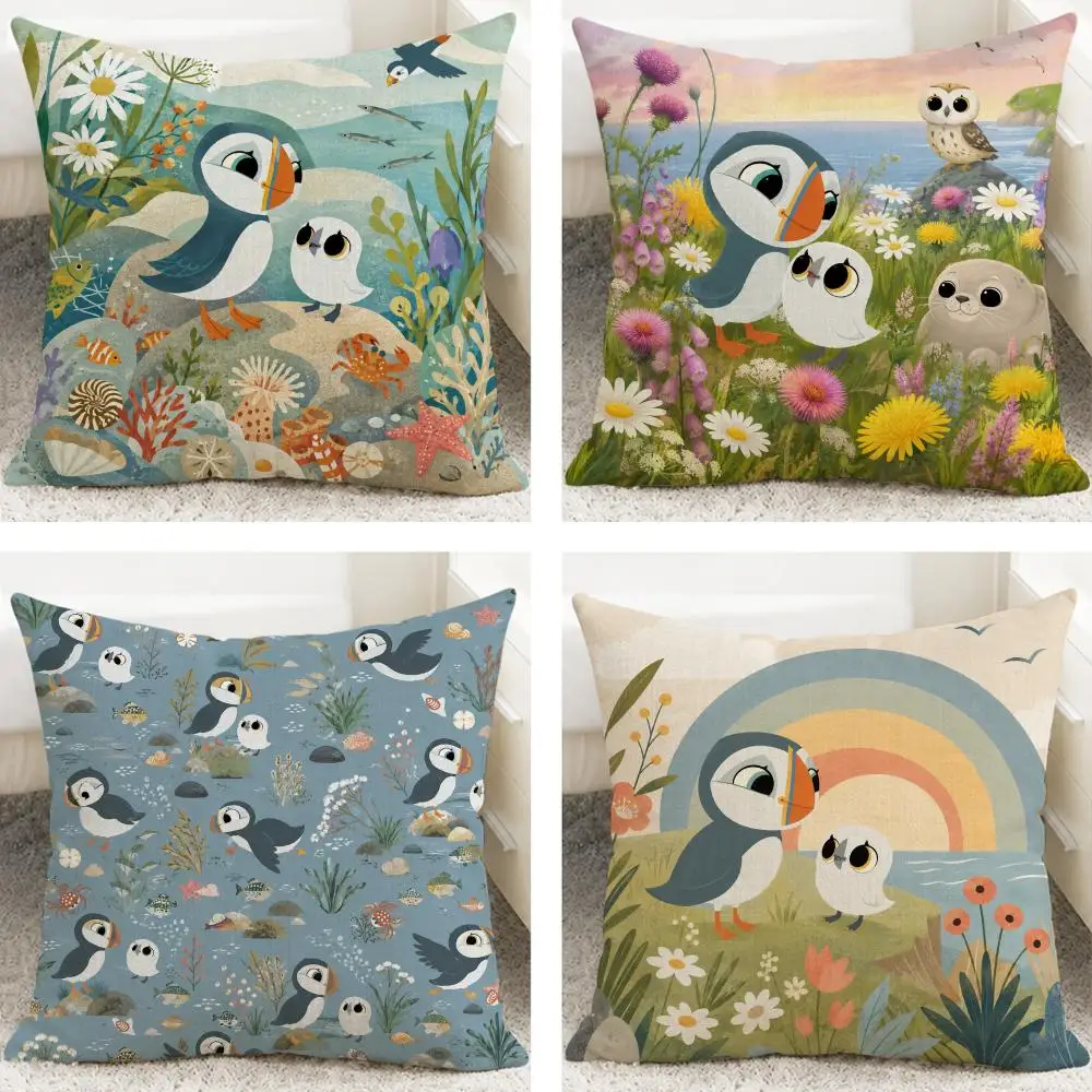 TV Series Puffin Rock Cushion Cover Cushion Covers Natural Linen Breathable Sofa Bedroom Decor Pillowcase