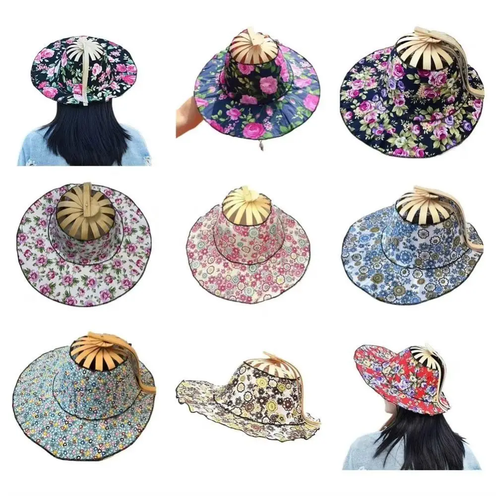Chapeau pliant portable à large bord avec ventilateur intégré, protection UV, style chinois, imprimé floral, en bambou, casquette de soleil d'été
