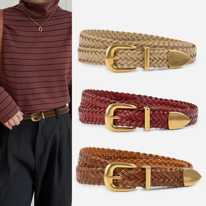 Woven women's waist belt, suitable for jeans and casual pants, decorative women's belt, versatile women's leather belt