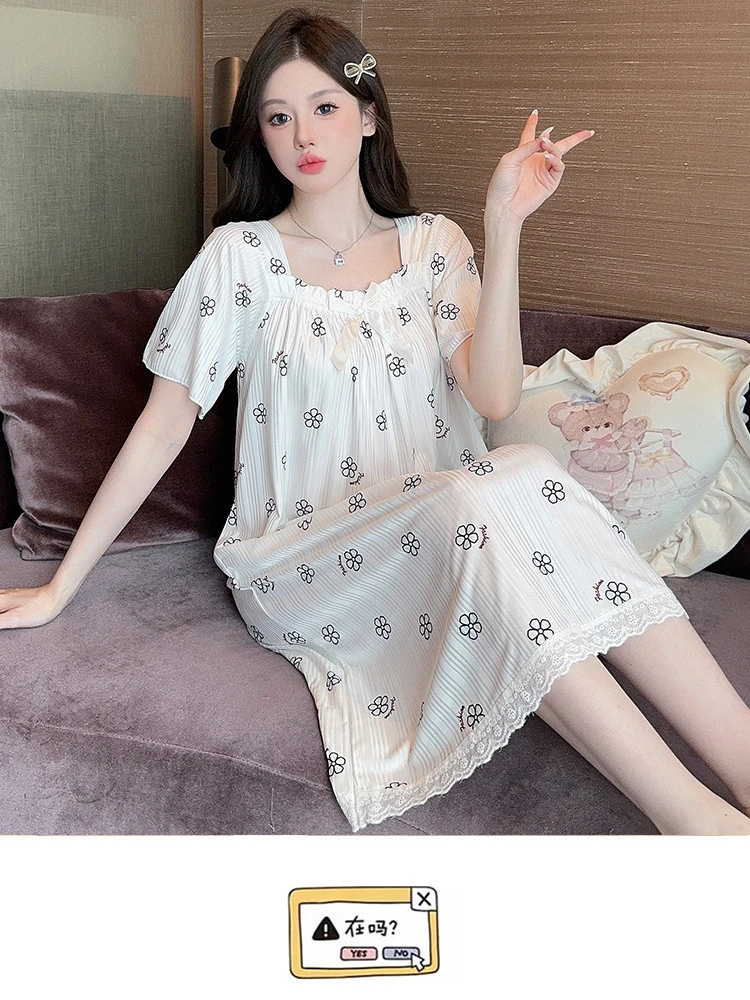 5XL Plus Size Women Nightgowns Summer Pajamas Korean Style Bubble Cotton Short Sleeve Sleep Dress Soft Comfotable Loungewear