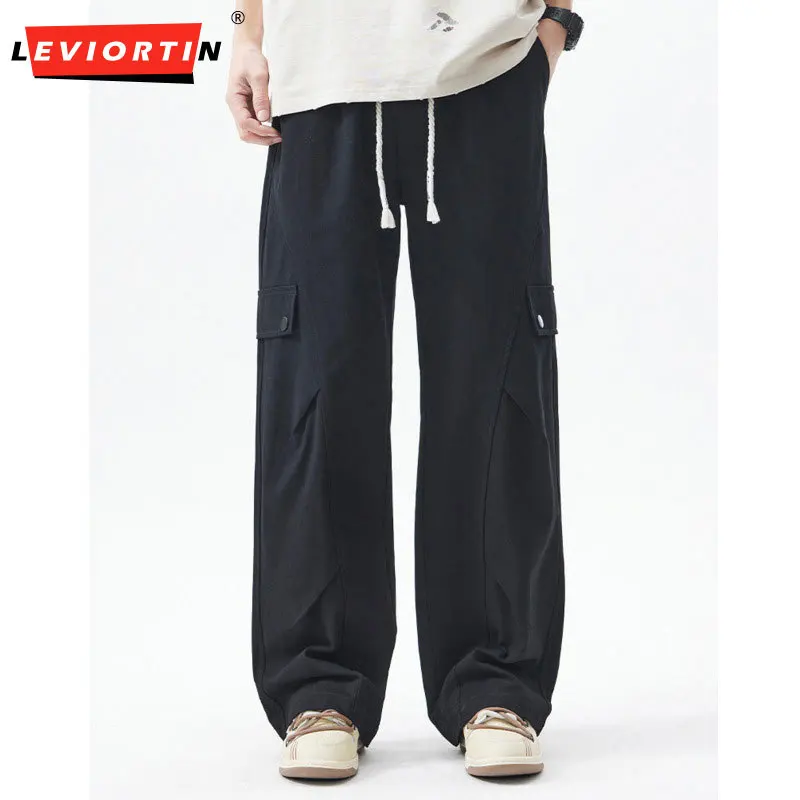 Men's Winter American Trendy Brand High Street Casual Pants Fleece Lined Parachute Pleated Straight Wide Leg Versatile Trousers