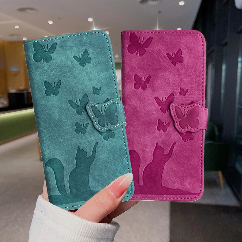 Etui na telefon Funda Redmi 15C Note 15 Flip do Xiaomi Redmi Note 15 Pro Plus 5G, urocze etui portfel ze skóry z motywem kota i motyla, tylna obudowa dla kobiet — zdjęcie produktu 3