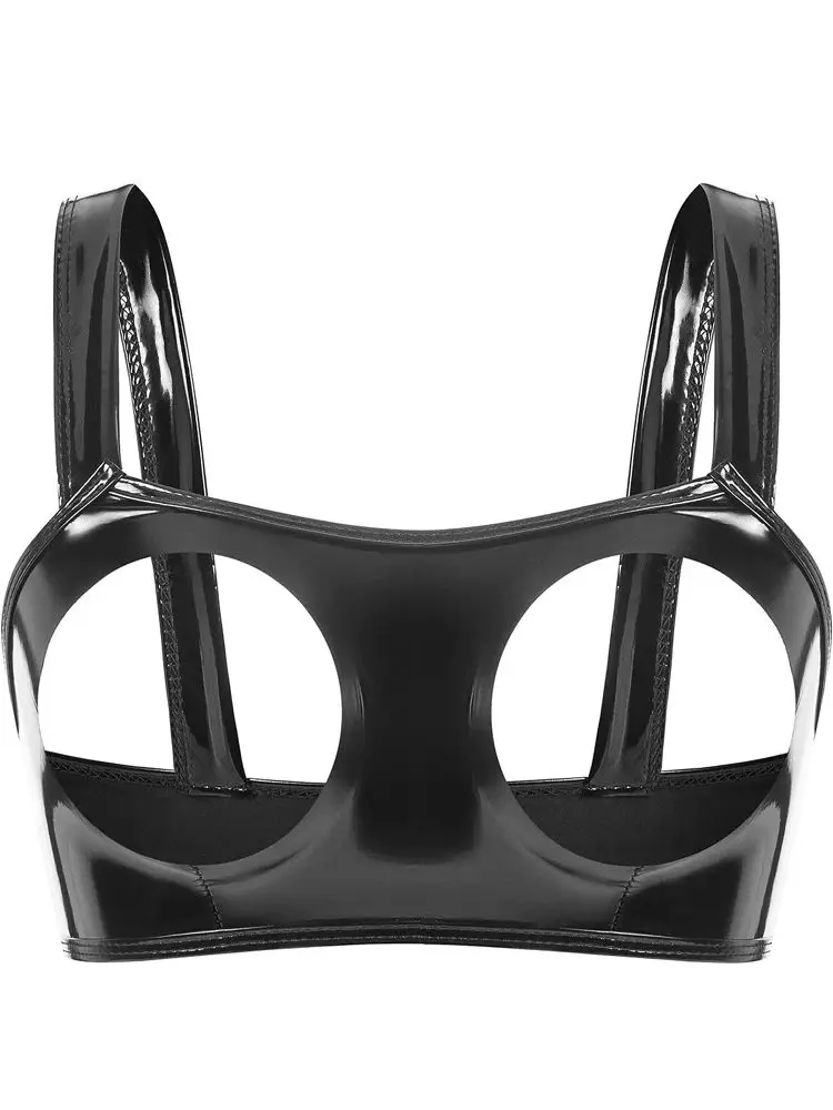S-3XL نظرة الرطب البلاستيكية المحاصيل القمم لامعة بولي Leather الجلود الجوف خارج التمثال بوستير تانك القمم الجوارب مثير اقتصاص كلوبوير Croptop كاميس سترة
