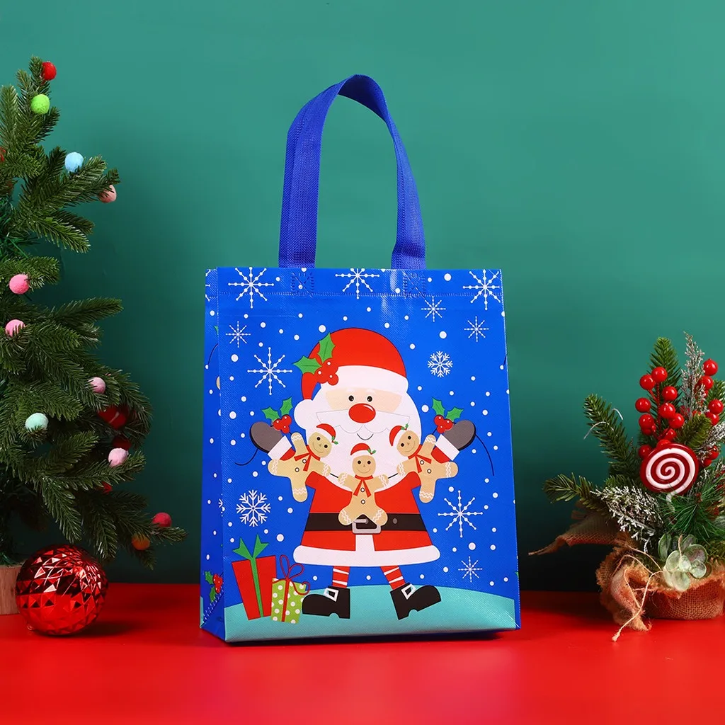 Christmas Gift Bag Non Woven Santa Snowman Penguin Print Reusable Candy Tote Bag Kid Holiday Present Packaging Xmas Party Favors