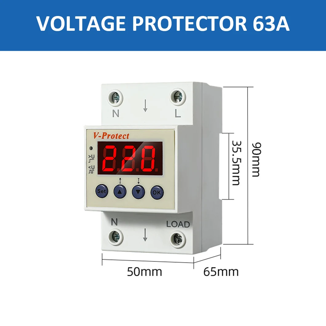 40A/63A Reset Overvoltage/Undervoltage Protector AC220V Intelligent Circuit Breaker Adjustable Break Voltage and Recovery Time