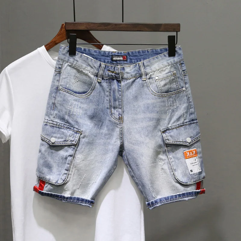 

Summer Men's Loose Straight Leg Short Jeans Thin Cotton Casual Fashion Korean Style Five-Point Pants Workwear Pocket Design