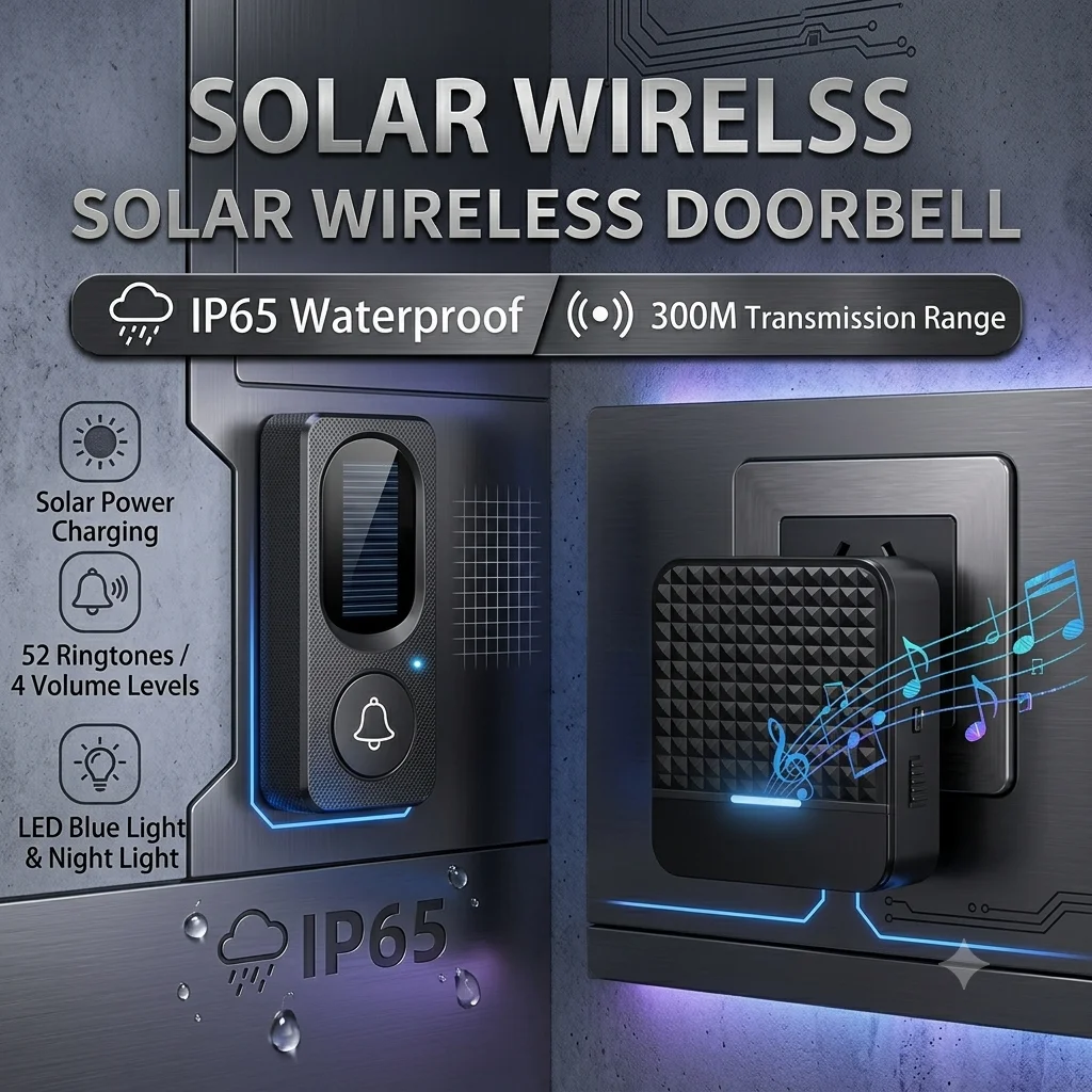 Campanello Solare Wireless Impermeabile, Campanello Elettronico Intelligente con Ricevitore e Trasmettitore a Energia Cinetica, Pager per Anziani per