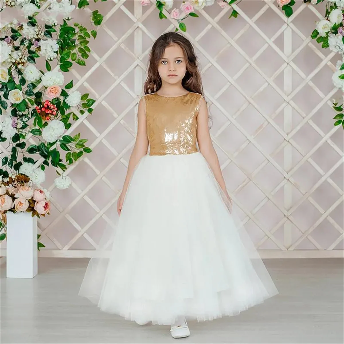 Fashion First Communion Dresses Sleeveless Tulle Lace Printing Flower Girl Dress Princess Ball Kids Surprise Birthday Present