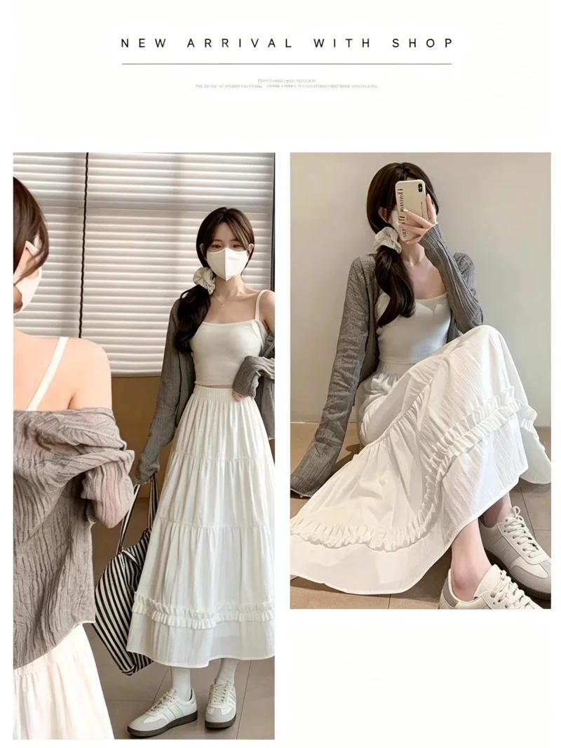 2026 Frühling Sommer Koreanischer Stil Mehrstufiger Rüschen-Fransen-Midirock für Damen mit Elastischer Taille A-Linie Vielseitiges Design Halbrock – Detail 6