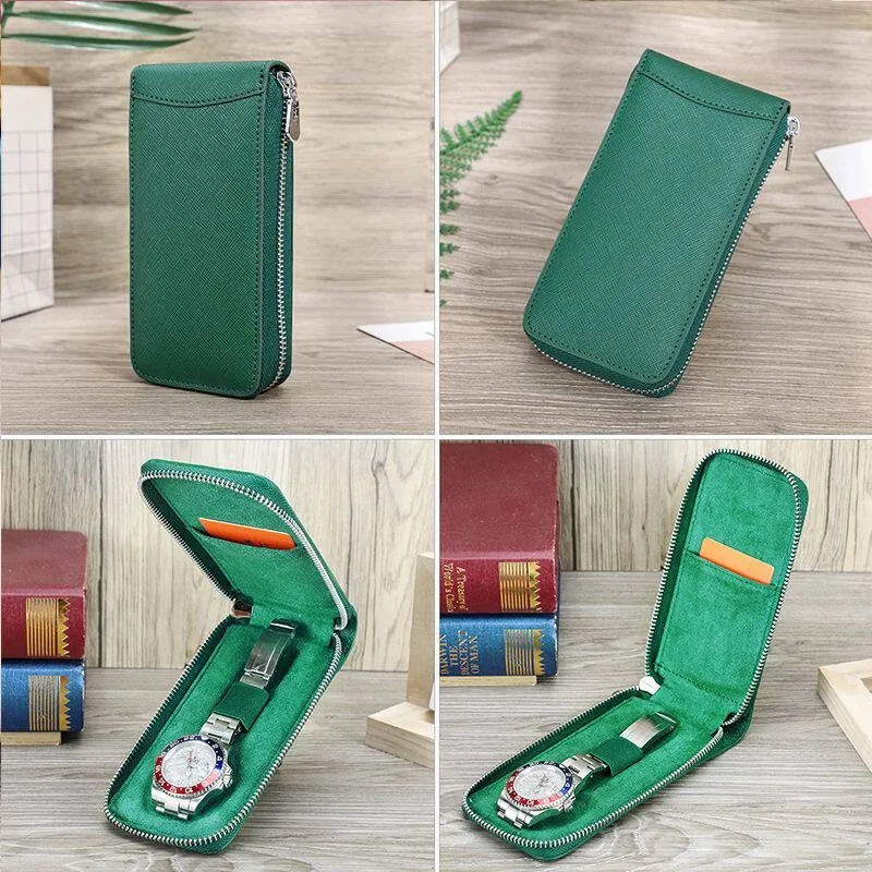 Zipper Watch Bag, Black/Red/Green 3 Colors, Portable Watch Protector with Card Slot for Travel Mini Handheld