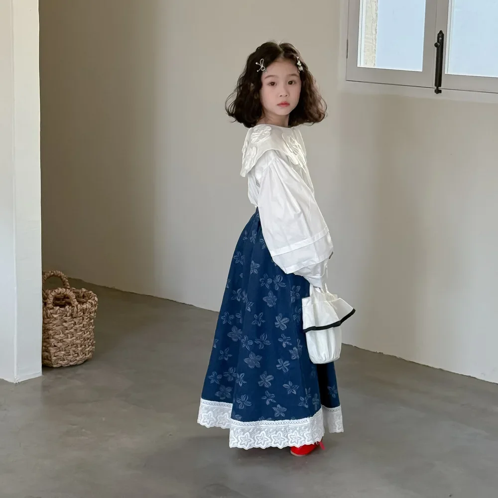 تنورة الفتيات 2025 ربيع جديد الكورية كل مباراة مرونة الخصر زهرة الدانتيل الدنيم تنورة غير رسمية ملابس الاطفال الفتيات #6