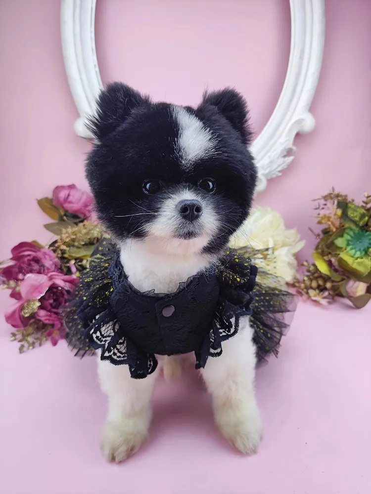 Handmade Dog Clothes Pet Supplies Black Golden Tulle Trailing Dress Gem Bow 2 Options Evening Party Festival Apparel Fur Baby