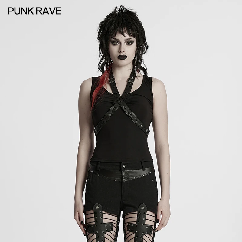 

PUNK RAVE Women's Punk Front Chest Hollow Alloy V-neck Detachable Cross Loop Sexy Vest Unique Style Personality Dark Tees Tops