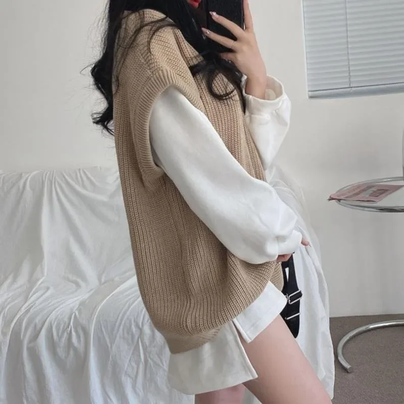 

Sweater Vests for Women Fall Winter Baggy Knitwear Korean Style V-neck Comfortable Jumpers Solid Simple Temperament Fashion Cozy
