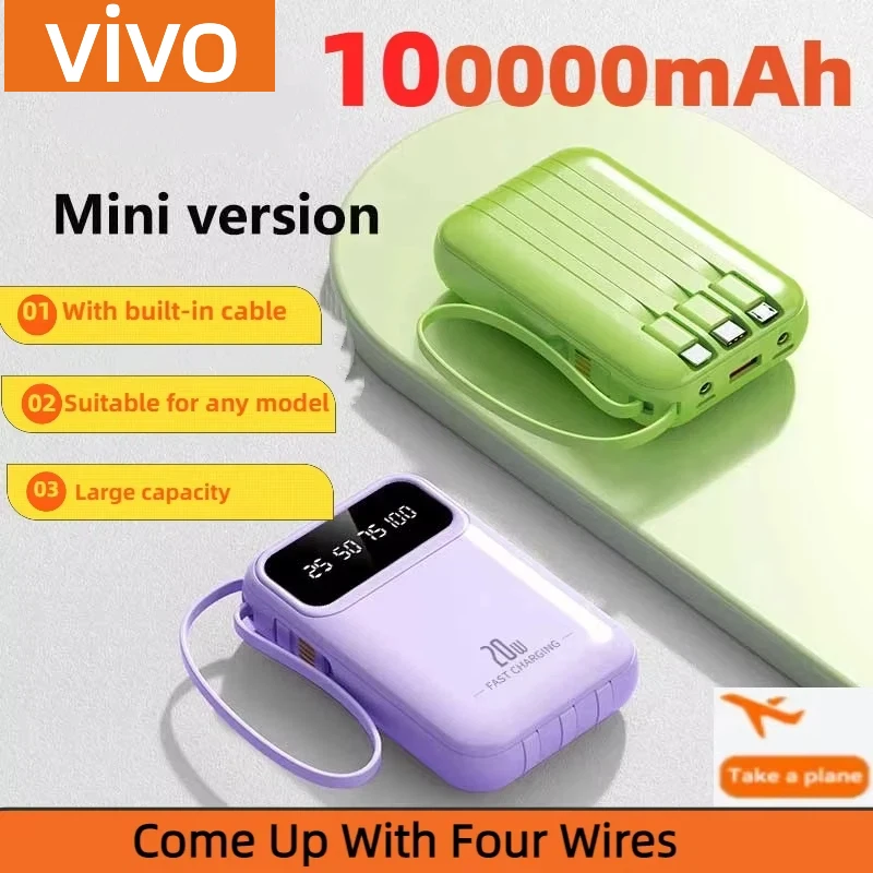 

VIVO Mini Fast Charge 100000 мАч 3 в 1 Большая емкость для быстрой зарядки Power Bank с кабелем Мобильный источник питания для Huawei