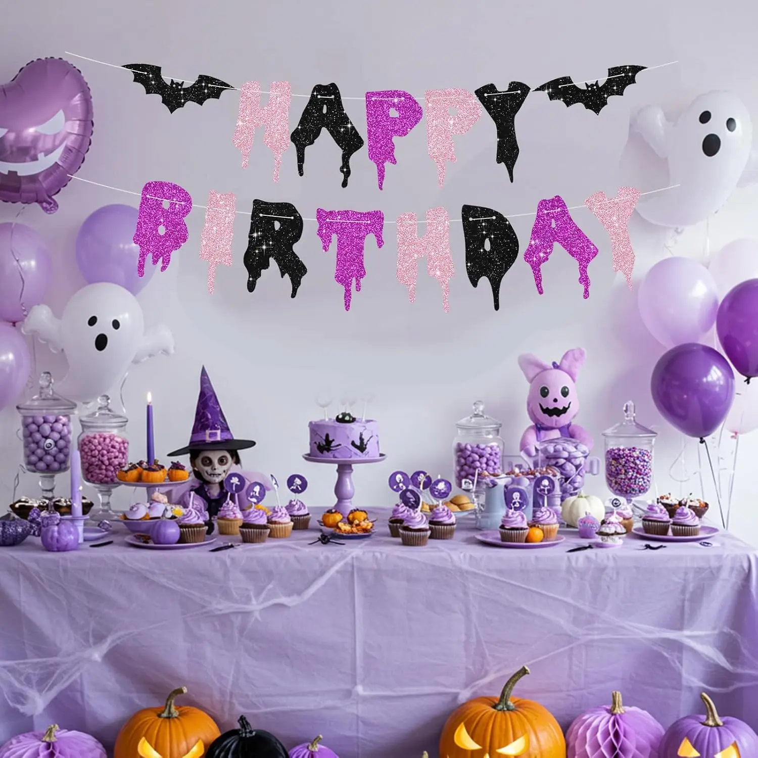 Glitzernde Rosa-Lila Happy Birthday Halloween Banner - Halloween Hängende Papiergirlande Wimpelkette Dekorationen, Partyzubehör