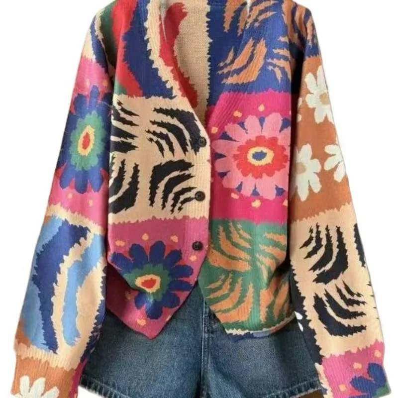 Colorful Printed Loose Knitted Cardigan Bestseller Stylish and Concealing Simple and Casual Women Wear Breathable for Commuting
