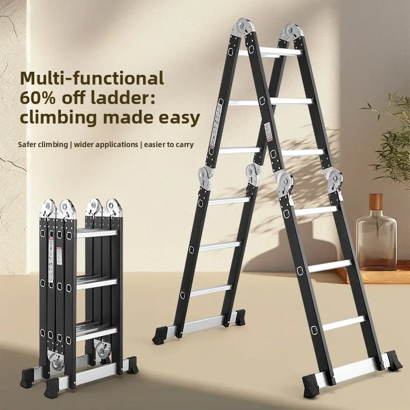 Thickened Multi-Function Aluminum-Iron Folding Step Ladder 4-Fold Telescopic Straight Ladder with Double-Sided Hinges
