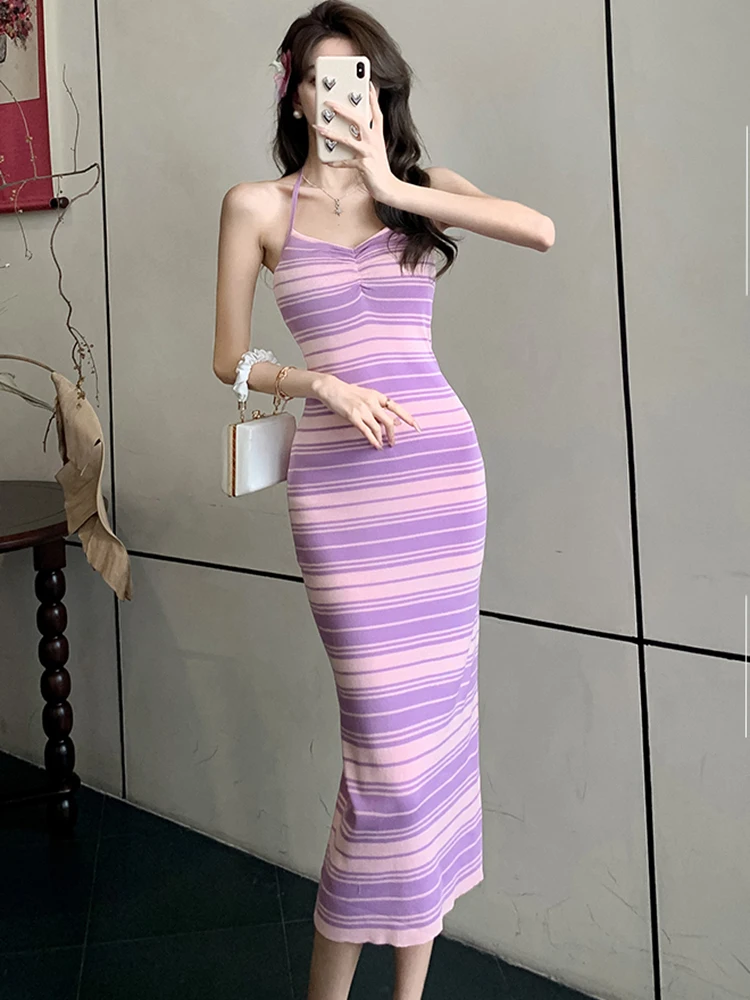 Gaun panjang seksi pemasangan leher rajutan bergaris ungu musim panas Vestidos pesta mewah elegan wanita gaun Bodycon Vintage Korea 2024