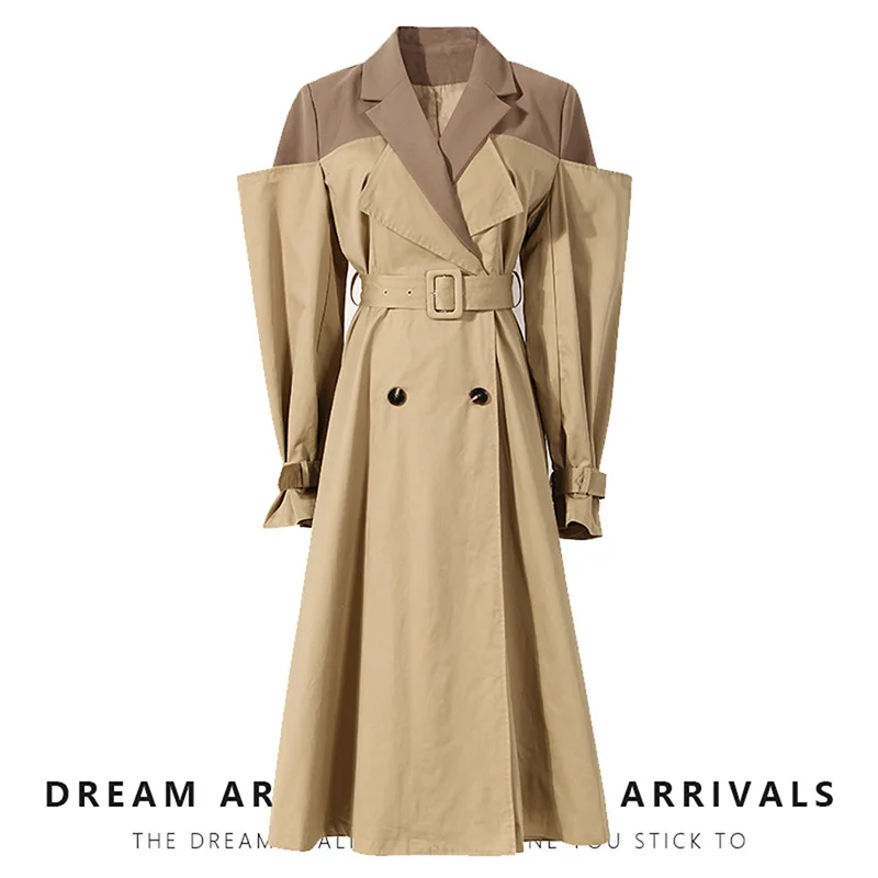 2025 Autumn Women Double Color Fake Two Piece Notched Collar Trench Coat Knee Length Waist Tie Dress