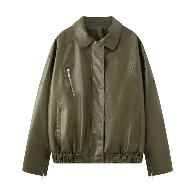 Veste en cuir avec fermeture éclair pour femme, manches longues, col à revers, taille élastique, manteaux courts, Chic, hauts féminins, automne