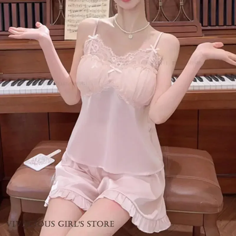 

Топ и шорты на бретелях, пижамный комплект, сексуальная лоскутная кружевная пижама на подтяжках, Mujer, одежда для сна для молодых девушек, нижнее белье, шелковистая атласная домашняя одежда