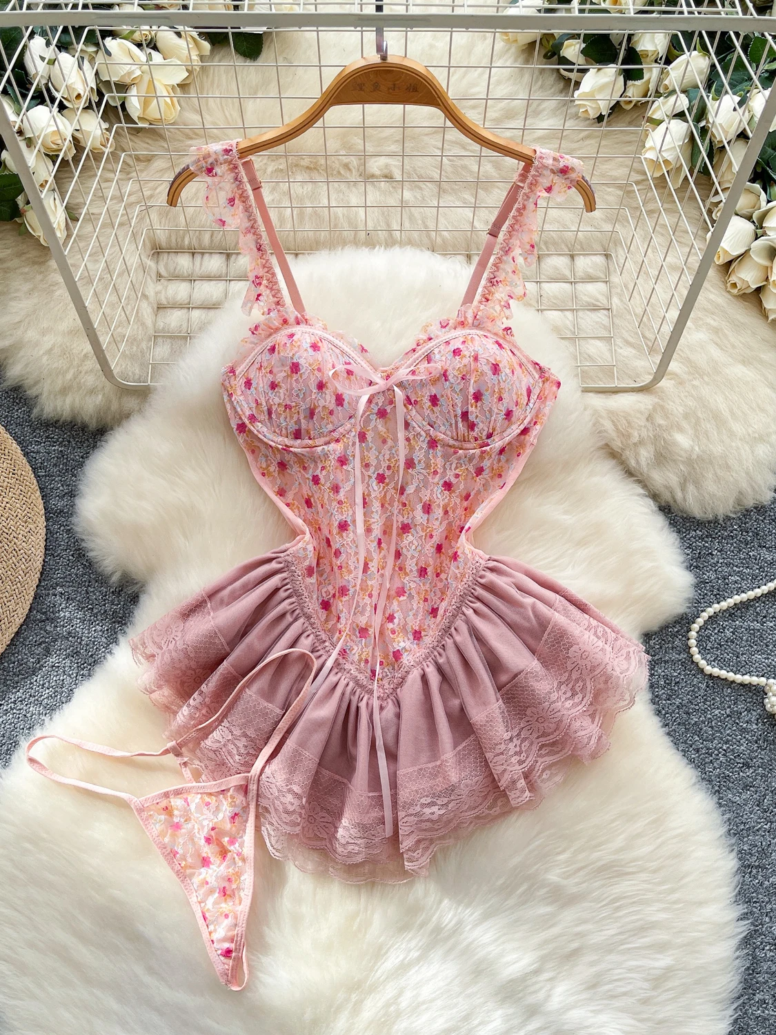 

Foamlina, милая ночная рубашка с трусиками, женские сексуальные розовые кружевные комплекты без рукавов с цветочным принтом и бантом, прозрачные сетчатые комплекты нижнего белья, женские пижамы