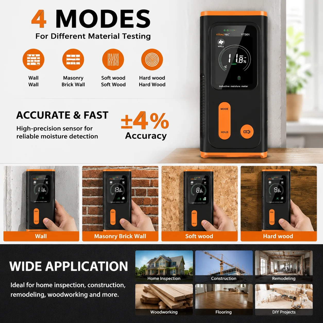 Digital Inductive Moisture Meter – 4 Modes Wall Humidity Tester with Data Hold & Backlight for Wood, Brick, Concrete