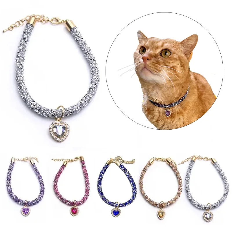 Luxury Cat Collar with Heart Crystal Pendant Puppy Chihuahua Necklace Reflective Rhinestone Kitten Neck Strap Pets Accessories