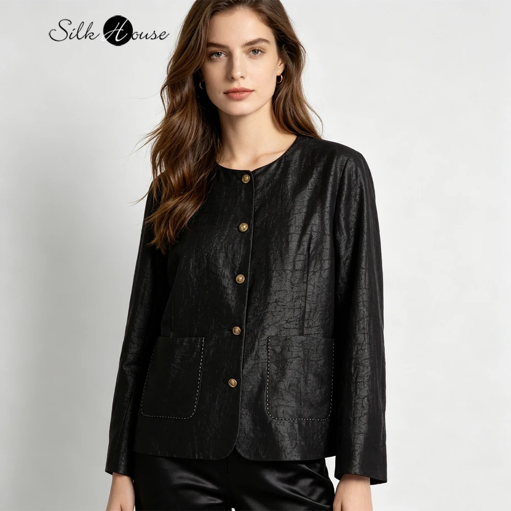 

Женское модное пальто весна-лето 2026, фиолетовое, из 80% натурального шелка тутового шелкопряда, с узором «кракле», однобортное, с двумя карманами