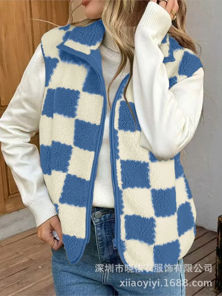 2025 여성 패션 플러시 루즈 스퀘어 체크 베스트 가을 겨울 캐주얼 지퍼 가디건 베스트 레트로 코트 여성용