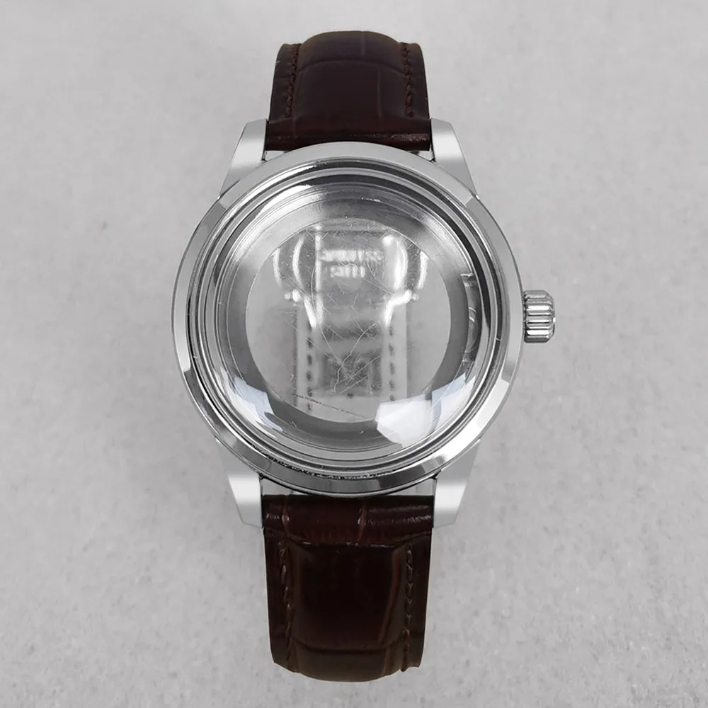 

39mm Stainless Steel Transparent Bottom Watch Case with Butterfly Clasp Leather Strap Set For NH34 NH35 NH36 Movement 31mm Dial